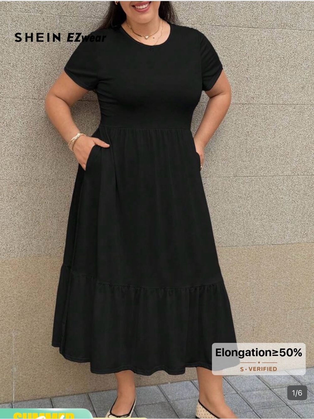 SHEIN Black Short Sleeve Tiered Maxi Dress with Pockets